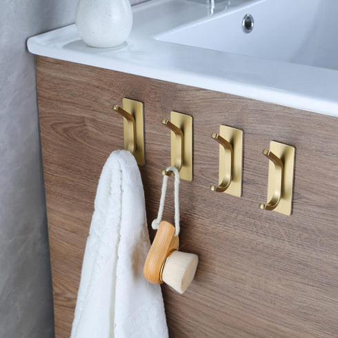 YIGII Towel Hooks/Adhesive Hooks - Brushed Gold Wall Hooks for Hanging Coat, Hat, Towel Robe Hook, Bathroom and Bedroom 4-Packs, Stainless Steel...